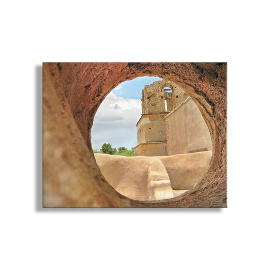 Architectural ruins viewed through a circular stone opening. Old Adobe Church Art Print | Tumacacori Arizona Spanish Colonial Mission