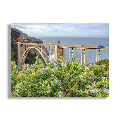 Bridge over a body of water with flowers in the foreground. Big Sur Bixby Creek Bridge California Art with Wildflowers