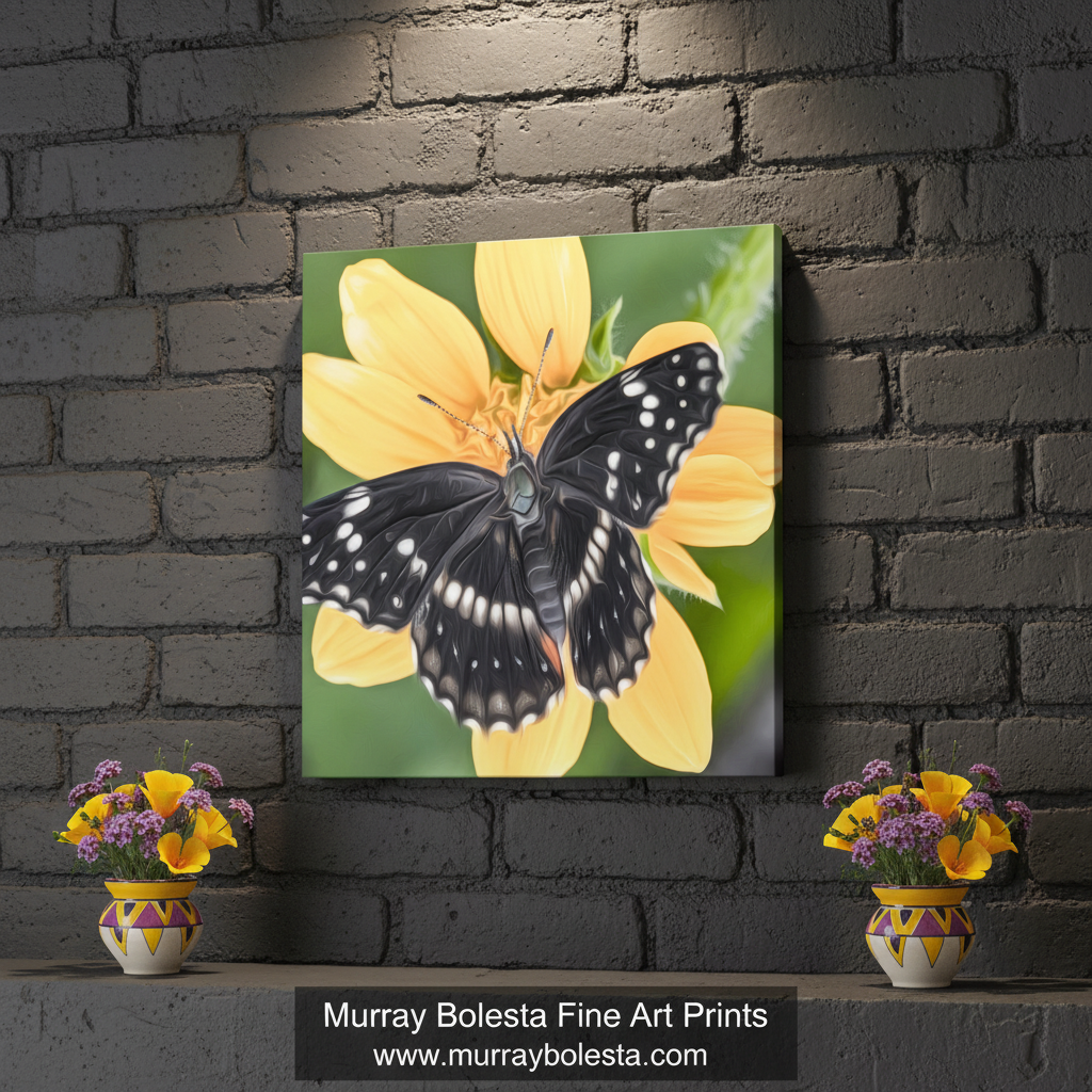 Butterfly on a yellow flower with a green background. Butterfly Nature Art Print with Bright Vivid Yellow Arizona Wildflower by Murray Bolesta