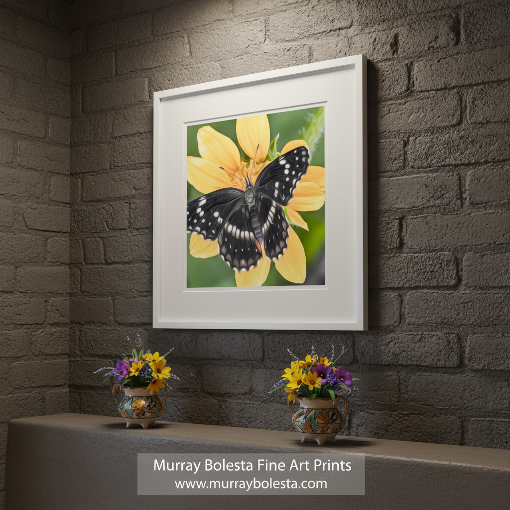 Butterfly on a yellow flower with a green background. Butterfly Nature Art Print with Bright Vivid Yellow Arizona Wildflower by Murray Bolesta