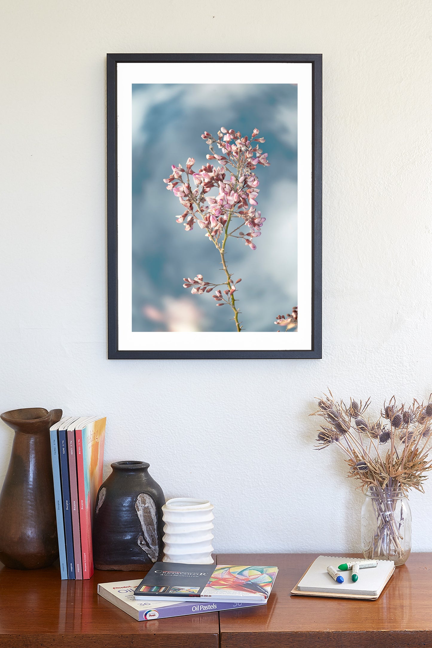 Pastel Blue Flower Art Print with Arizona Desert Ironwood Tree Blossoms