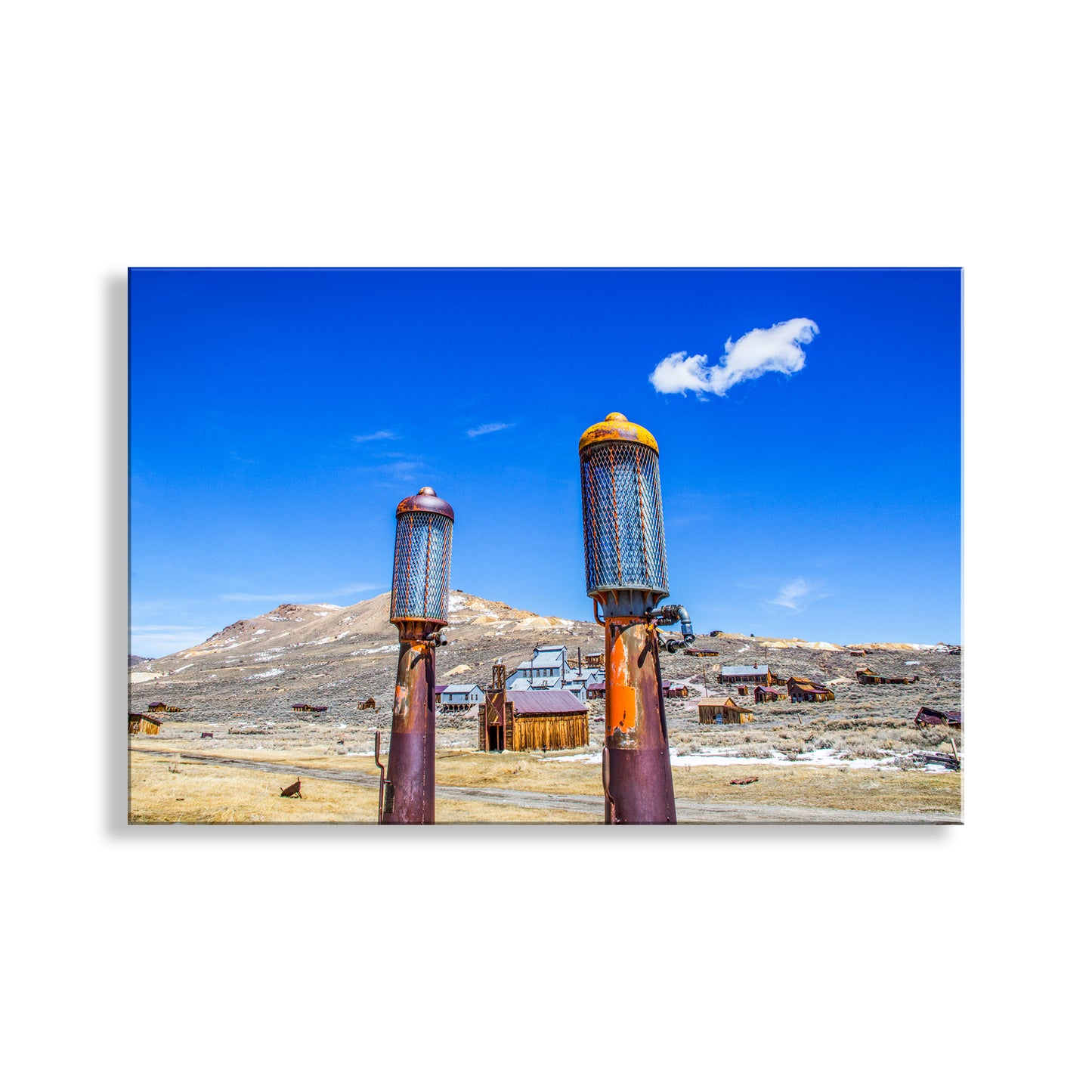 My brilliantly colorful scene of famous vintage gas pumps at the time-worn ghost mining camp of Bodie! This place is a precious relic of western USA heritage in the high California desert. This print is part of a series - ask me about it! Original, unique signed art by Murray Bolesta.