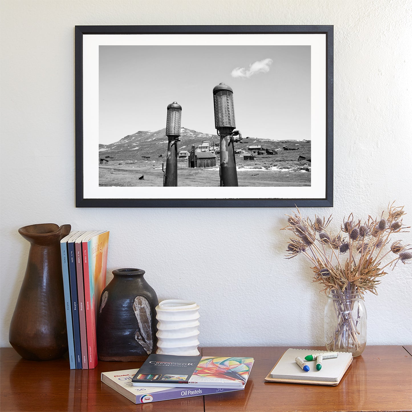Bodie Ghost Town Art with Vintage Gas Pumps Black & White
