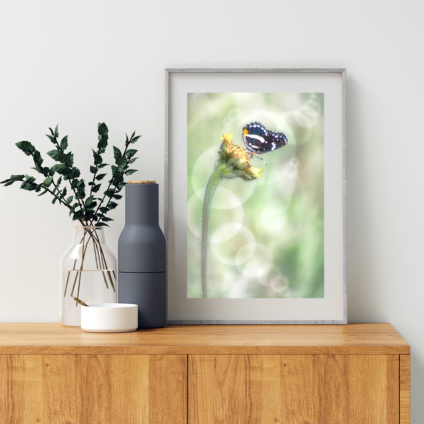 Whimsical Spring Nature Wall Art with Butterfly and Bubbles