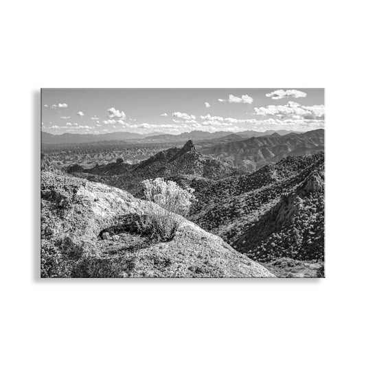 Black and white landscape of a mountainous area with a clear sky. Southern Arizona Atascosa Mountain Landscape Art Print in Black and White