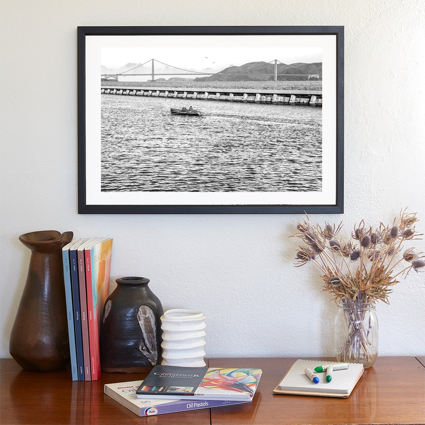 Crew Rowing Picture on San Francisco Bay at Fisherman's Wharf Breakwater in Black and White