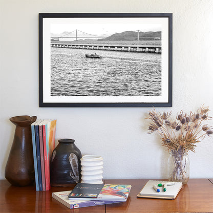 Crew Rowing Picture on San Francisco Bay at Fisherman's Wharf Breakwater in Black and White