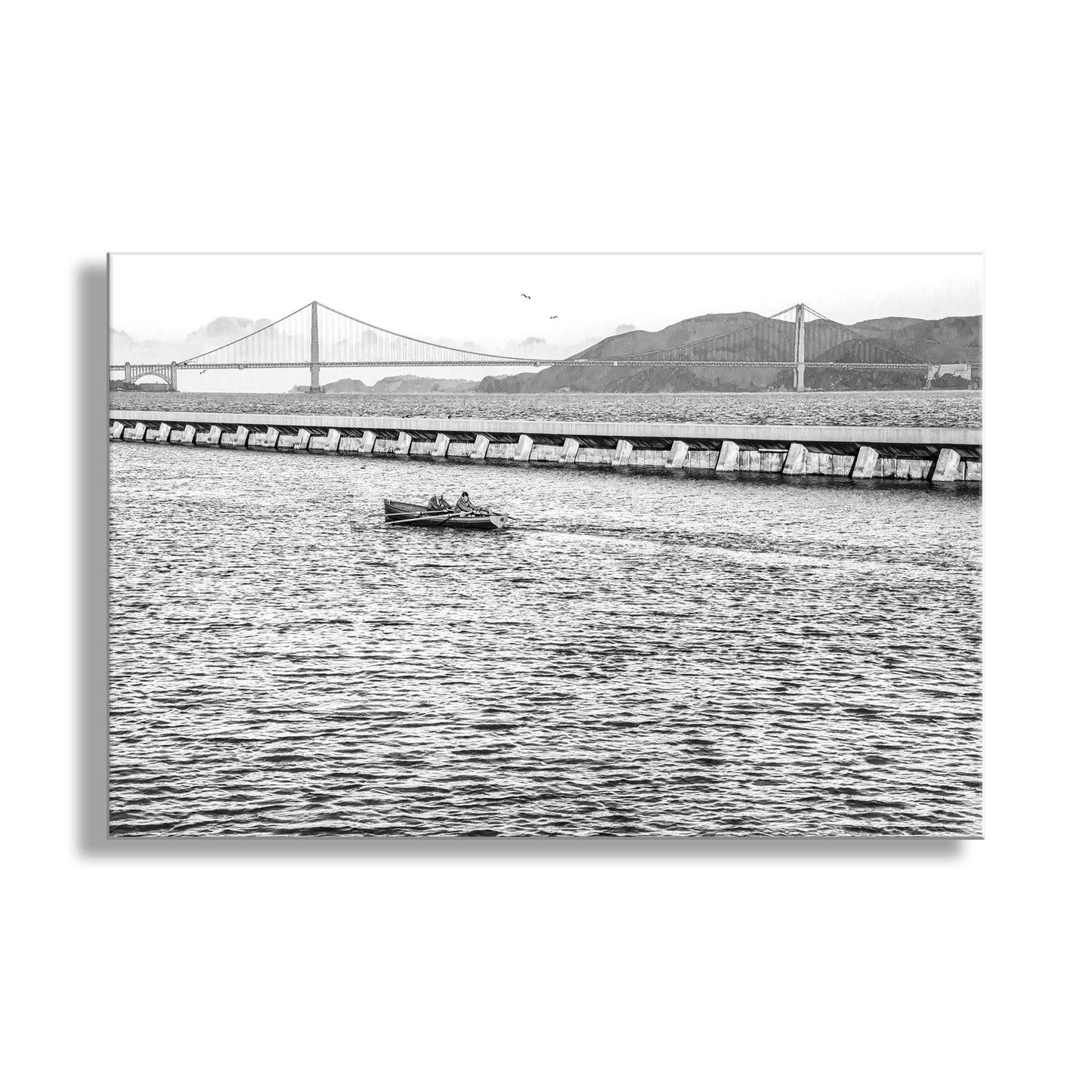 Crew Rowing Picture on San Francisco Bay at Fisherman's Wharf Breakwater in Black and White