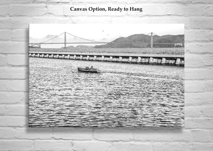 Crew Rowing Picture on San Francisco Bay at Fisherman's Wharf Breakwater in Black and White