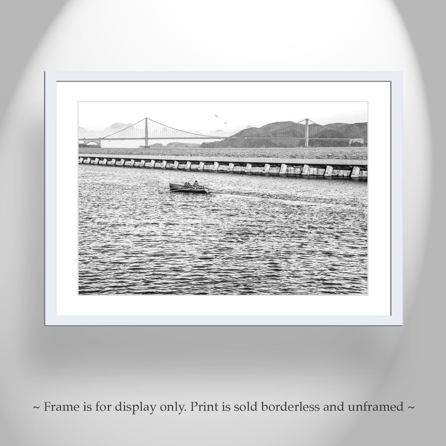 Crew Rowing Picture on San Francisco Bay at Fisherman's Wharf Breakwater in Black and White