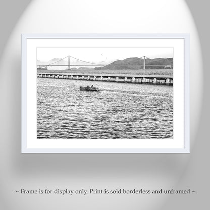 Crew Rowing Picture on San Francisco Bay at Fisherman's Wharf Breakwater in Black and White