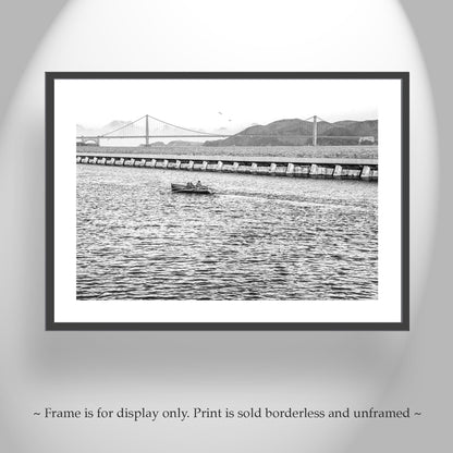 Crew Rowing Picture on San Francisco Bay at Fisherman's Wharf Breakwater in Black and White