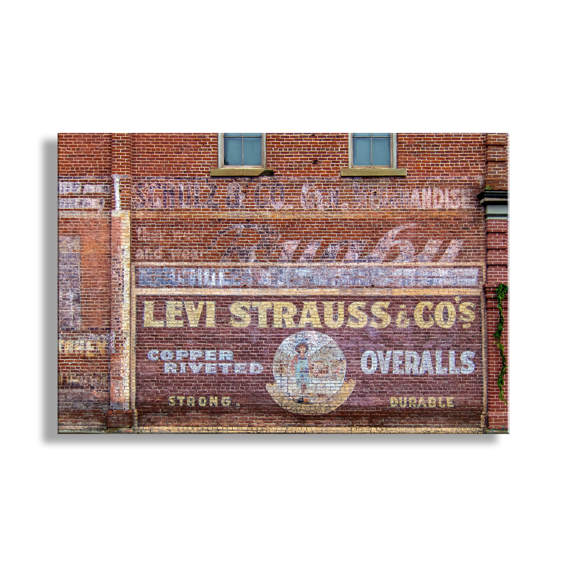 Vintage Levi Strauss & Co. advertisement on a brick wall. Vintage Levi Strauss Street Sign Jacksonville Oregon Brick Building Art