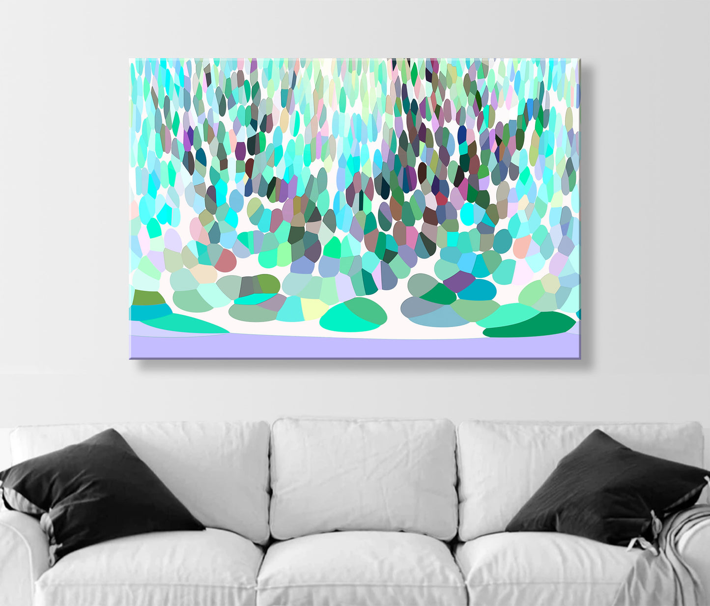 Pastel Blue Abstract Nature Wall Decor on Framed Canvas with Brook & Forest