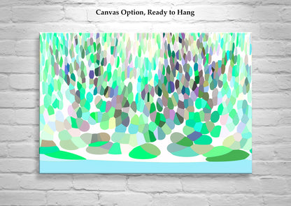 Pastel Green Abstract Nature Wall Decor on Framed Canvas with Brook & Forest
