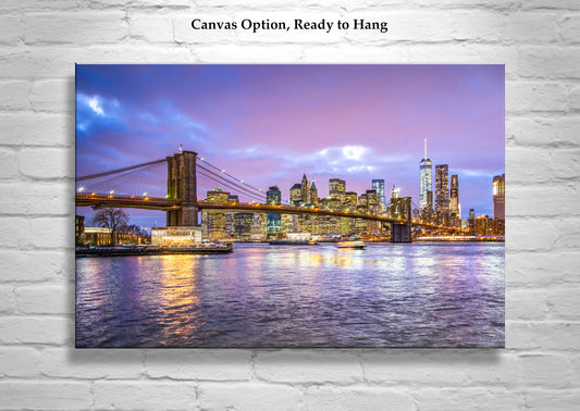 NYC Skyline Art Print | Brooklyn Bridge East River Sunset & Jane's Carousel at Dusk