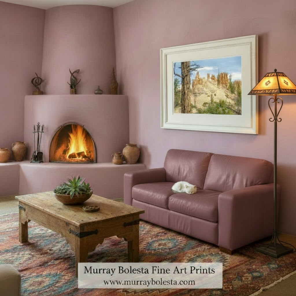 A scenic landscape featuring a rocky hillside with unique rock formations, surrounded by trees and shrubs. Bryce Canyon National Park Desert Landscape Photography Print. By Murray Bolesta.