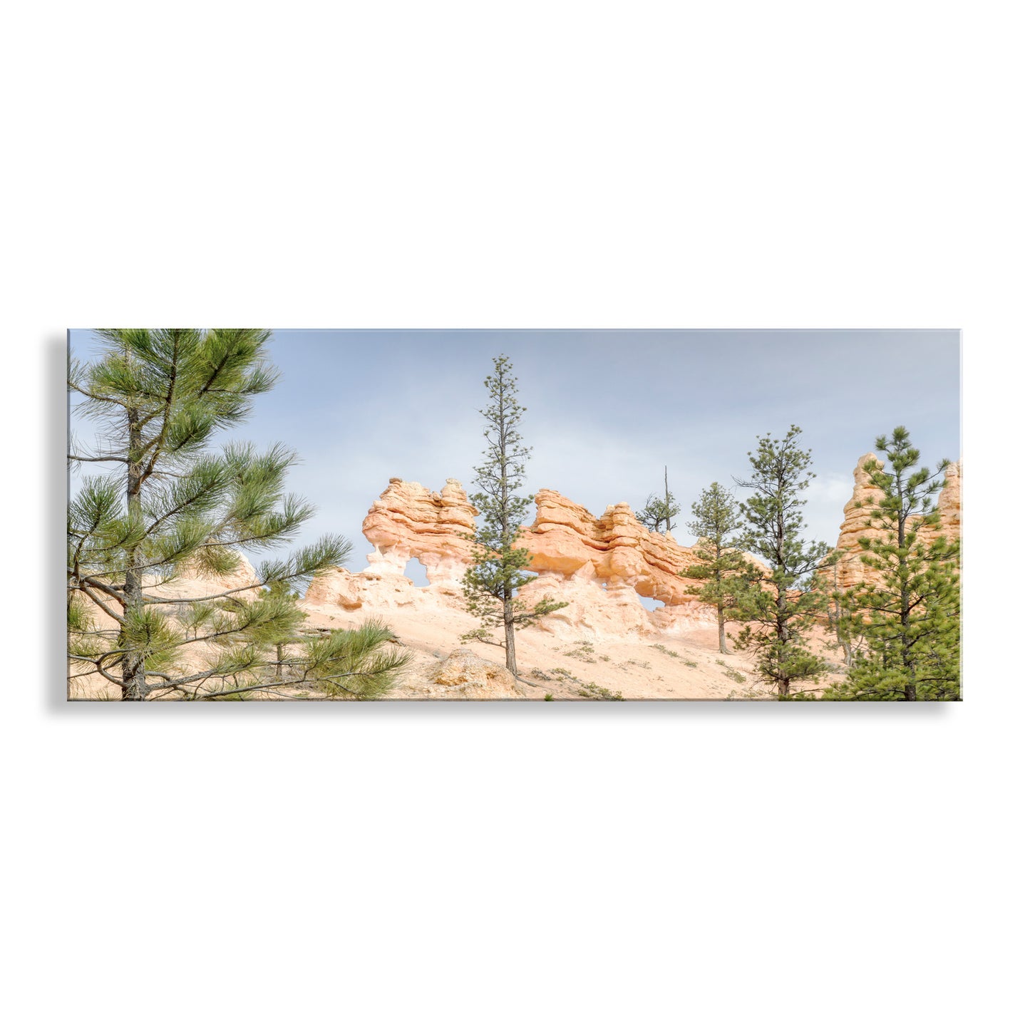 Panoramic view of red rock formations with trees against a blue sky. Utah Landscape Art with Bryce Canyon Panorama