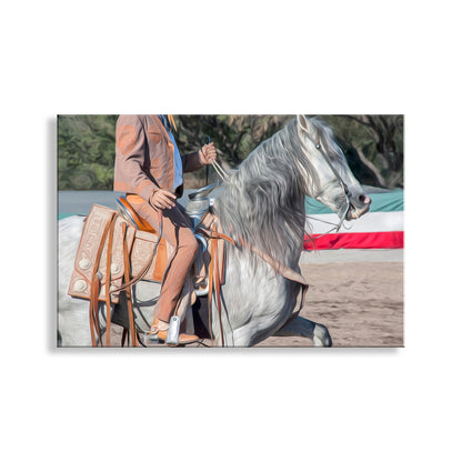 Person riding a gray horse with a saddle in an outdoor setting. Vaquero Art Print | Mexican Cowboy on Spanish Dancing Horse at Tubac Arizona