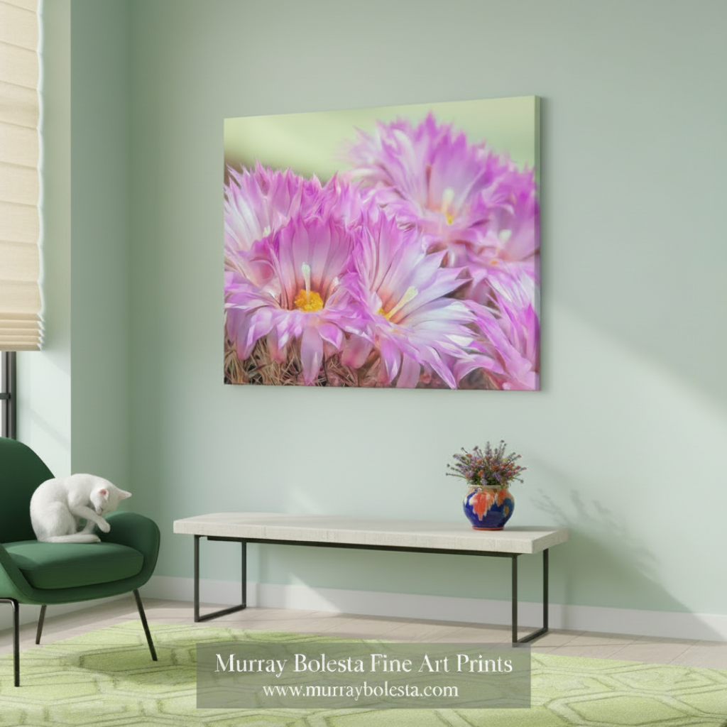 Close-up of pink flowers with a soft green background. Cactus Flower Art Print in Pink and Magenta from Tucson Arizona Desert by Murray Bolesta
