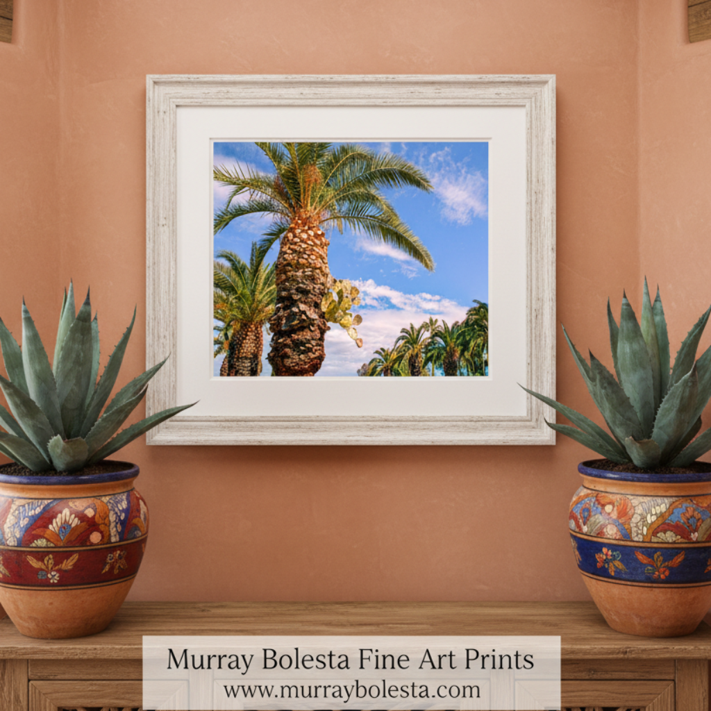 Palm trees against a blue sky with scattered clouds. Southwestern Wall Decor with Arizona Desert Cactus and Palm Tree by Murray Bolesta