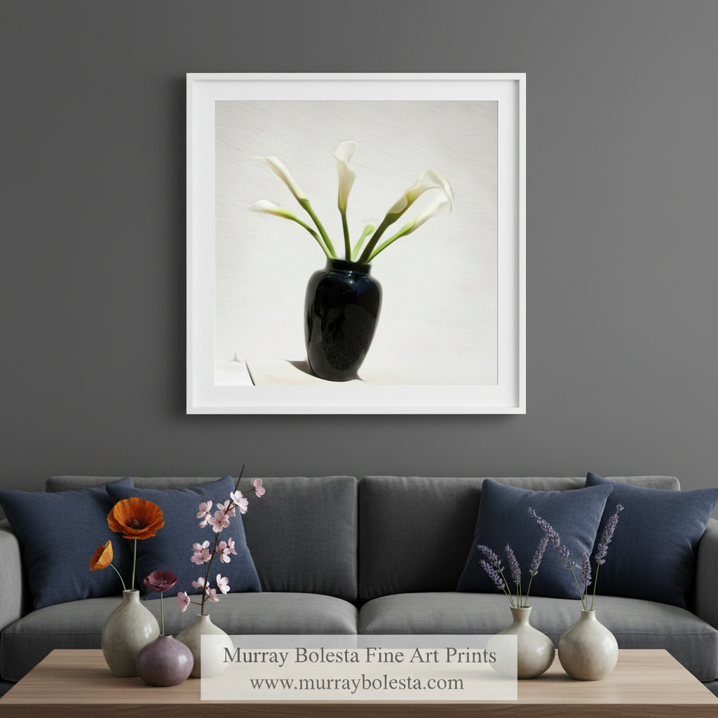 Black vase with white flowers on a light gray background, Calla Lilly Flower Photograph as Minimalist Floral Art Still Life by Murray Bolesta