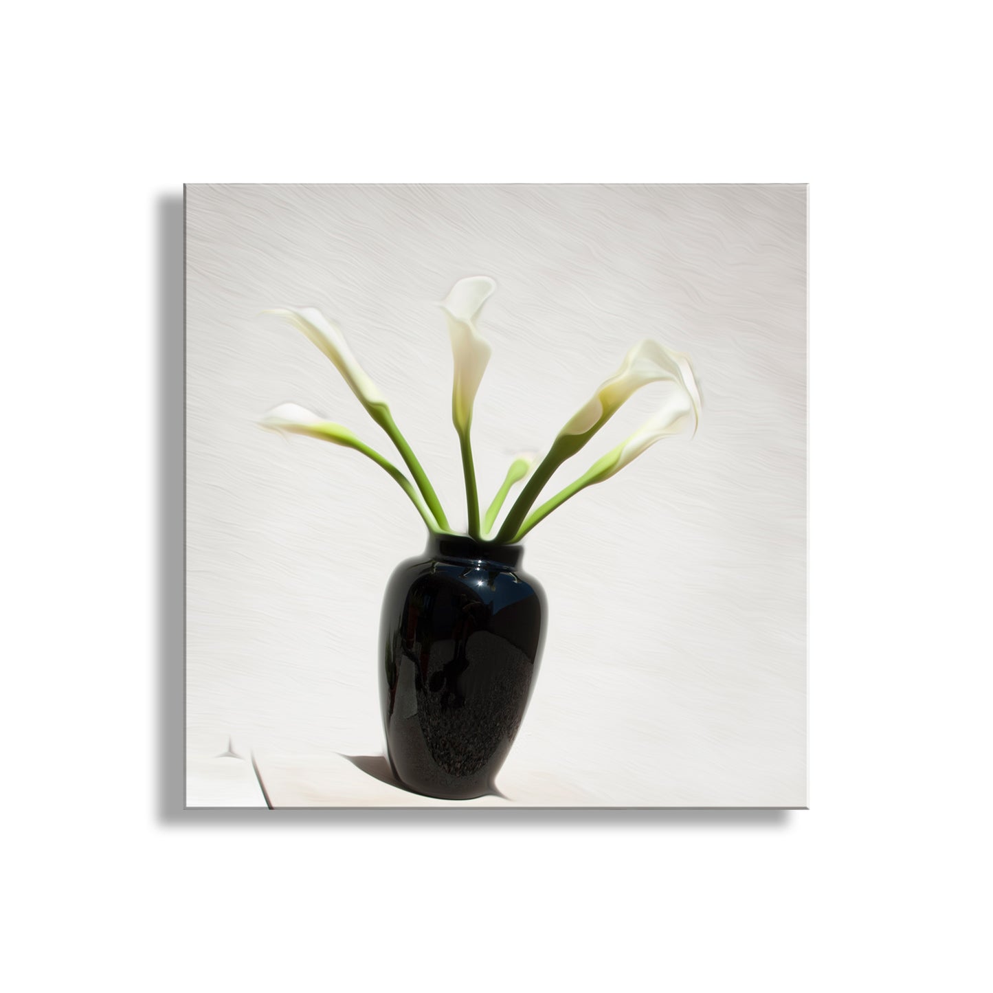 Black vase with white flowers on a light gray background, Calla Lilly Flower Photograph as Minimalist Floral Art Still Life