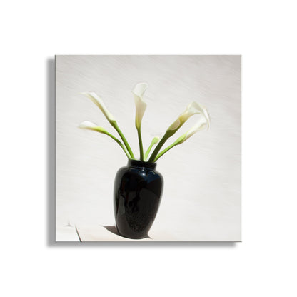 Black vase with white flowers on a light gray background, Calla Lilly Flower Photograph as Minimalist Floral Art Still Life