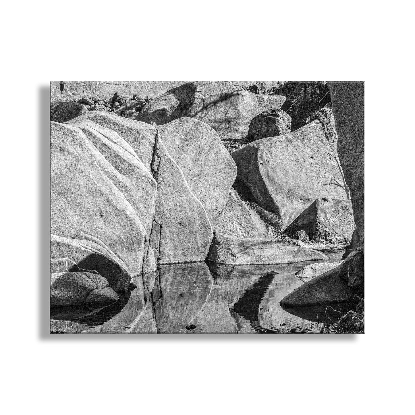 Black and white photograph of large rocks with reflections in water. Wilderness Creek Art | Tucson Desert Canyon Water in Black & White