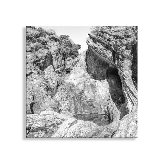 Arizona Desert Canyon Pool Art in Black and White on Square Print