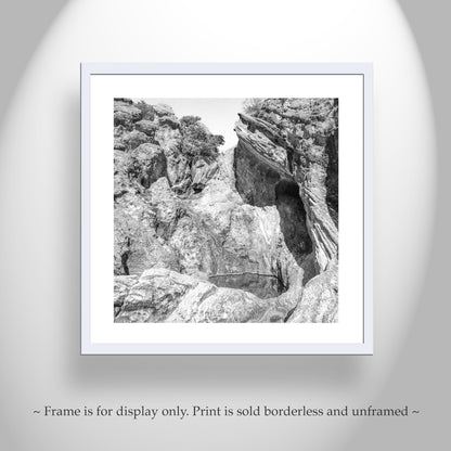 Arizona Desert Canyon Pool Art in Black and White on Square Print