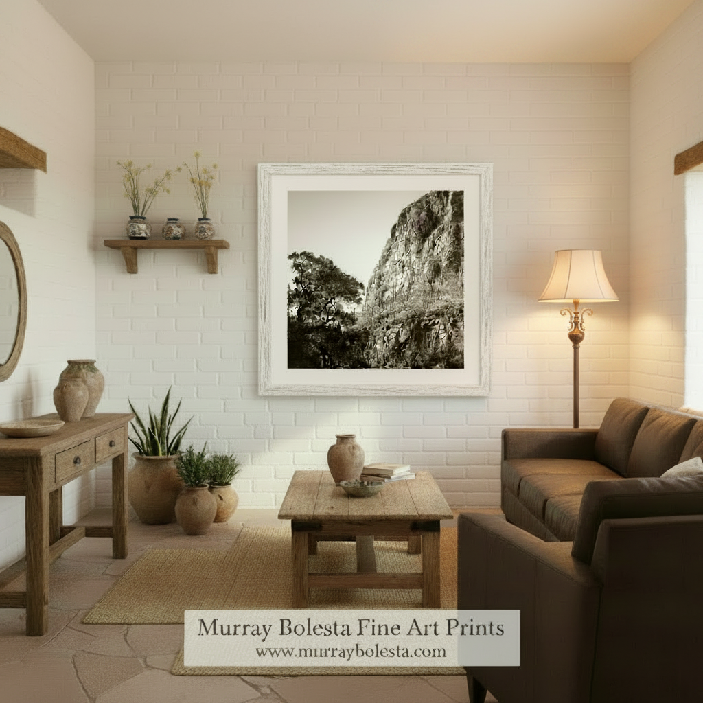 A black and white photograph depicting a rocky cliff face with a tree on the left side, set against a clear sky. Tucson Santa Catalina Mountains | Esperanza Canyon Picture by Murray Bolesta
