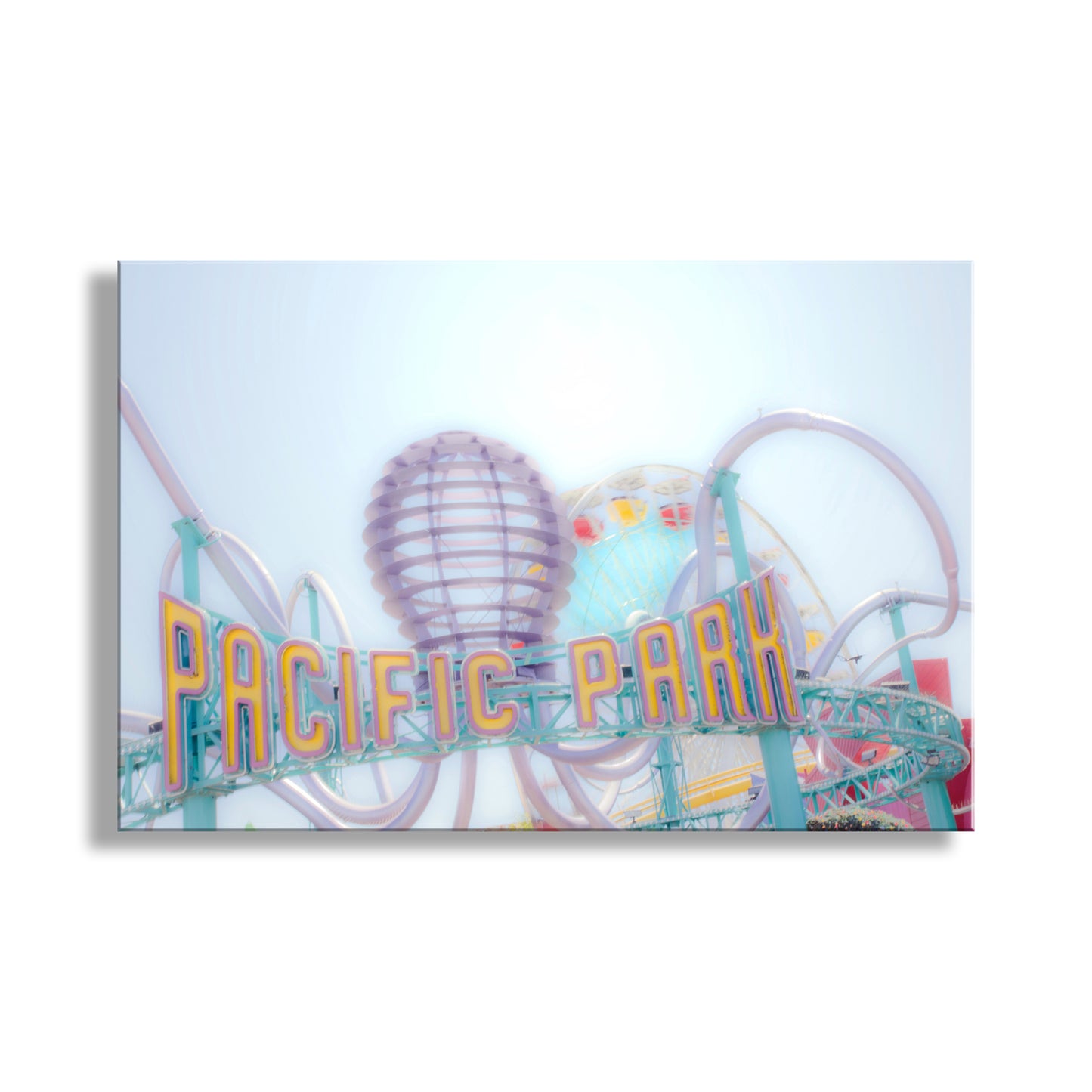 Beautiful carnival art! My pretty pastel picture of the Santa Monica Pier Ferris wheel. Come take the Pacific Plunge at this Los Angeles fun spot! Original, unique signed art by Murray Bolesta.