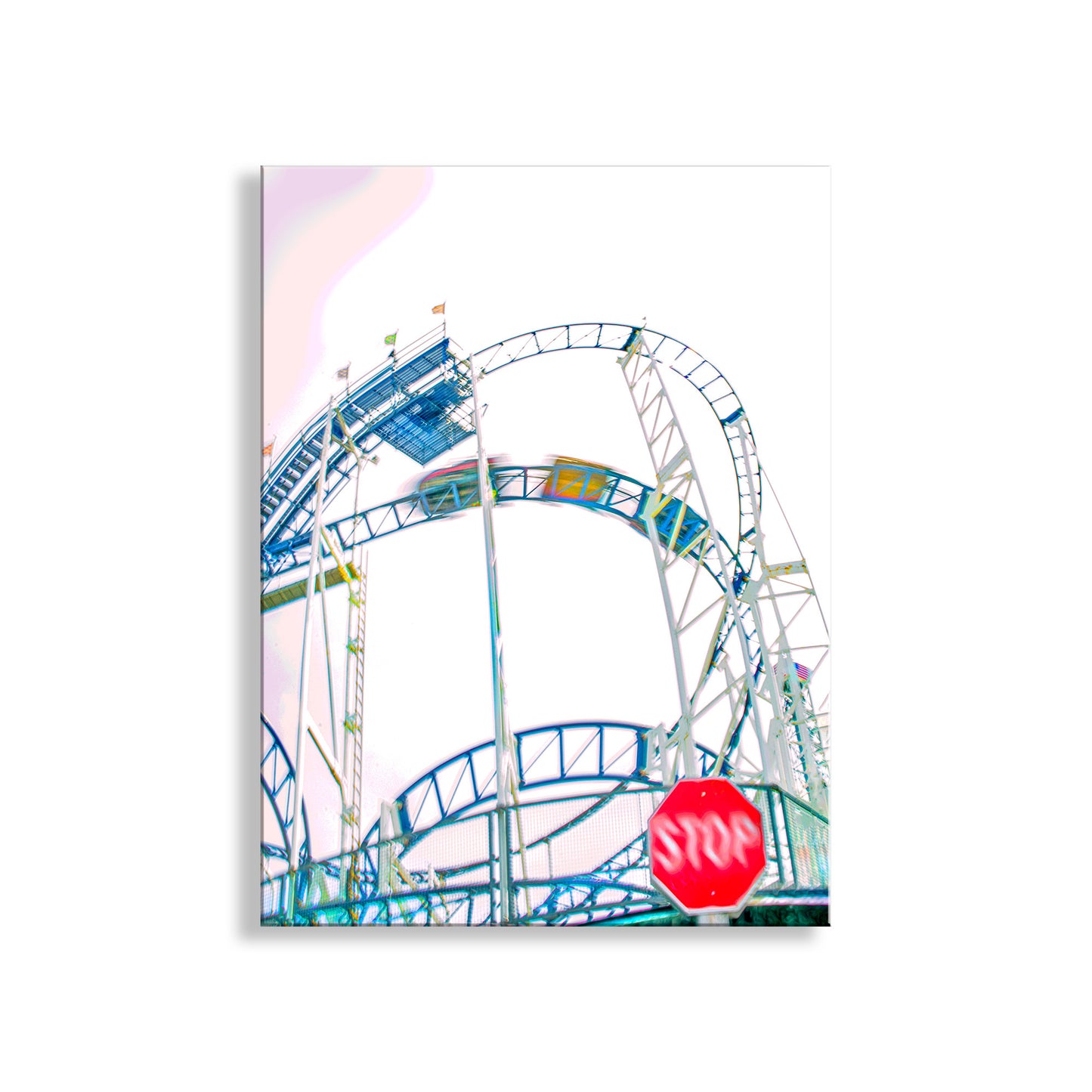 Colorful roller coaster and Ferris wheel with a stop sign in the foreground on a white background. My unique artwork of the Giant Dipper roller coaster, Santa Cruz Ca! This is the classic beach boardwalk on Monterey Bay, home to gentle surf and vigorous volleyball. This has been a local family-owned amusement park for over 100 years. Original, unique signed art by Murray Bolesta!