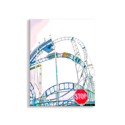Colorful roller coaster and Ferris wheel with a stop sign in the foreground on a white background. My unique artwork of the Giant Dipper roller coaster, Santa Cruz Ca! This is the classic beach boardwalk on Monterey Bay, home to gentle surf and vigorous volleyball. This has been a local family-owned amusement park for over 100 years. Original, unique signed art by Murray Bolesta!