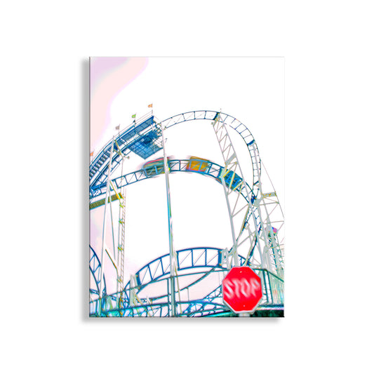 Colorful roller coaster and Ferris wheel with a stop sign in the foreground on a white background. My unique artwork of the Giant Dipper roller coaster, Santa Cruz Ca! This is the classic beach boardwalk on Monterey Bay, home to gentle surf and vigorous volleyball. This has been a local family-owned amusement park for over 100 years. Original, unique signed art by Murray Bolesta!