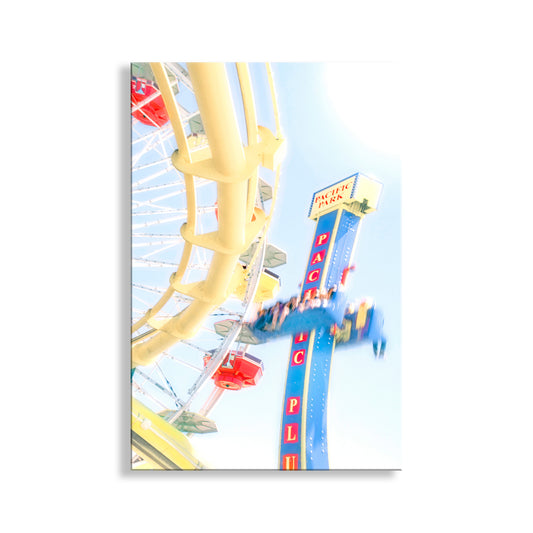 My cute abstracted view of the Santa Monica Pier roller coaster and Pacific Plunge, with the Ferris wheel for good measure! Original, unique signed art by Murray Bolesta!