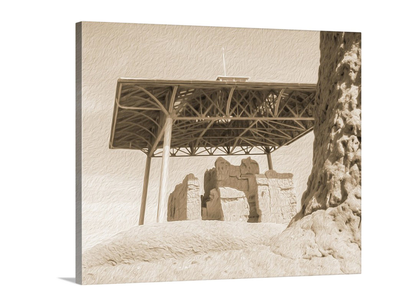 Sepia-toned photograph of a covered outdoor area with architectural elements. Casa Grande Arizona National Monument Art Photo Print in Vintage Sepia Tone