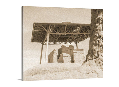 Sepia-toned photograph of a covered outdoor area with architectural elements. Casa Grande Arizona National Monument Art Photo Print in Vintage Sepia Tone