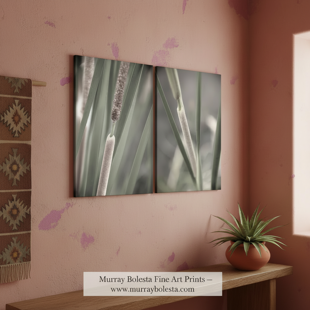 Close-up of plant leaves with a soft focus effect on a white background. Reeds and Cattails Set of 2 Prints | Wetlands Nature Photography by Murray Bolesta
