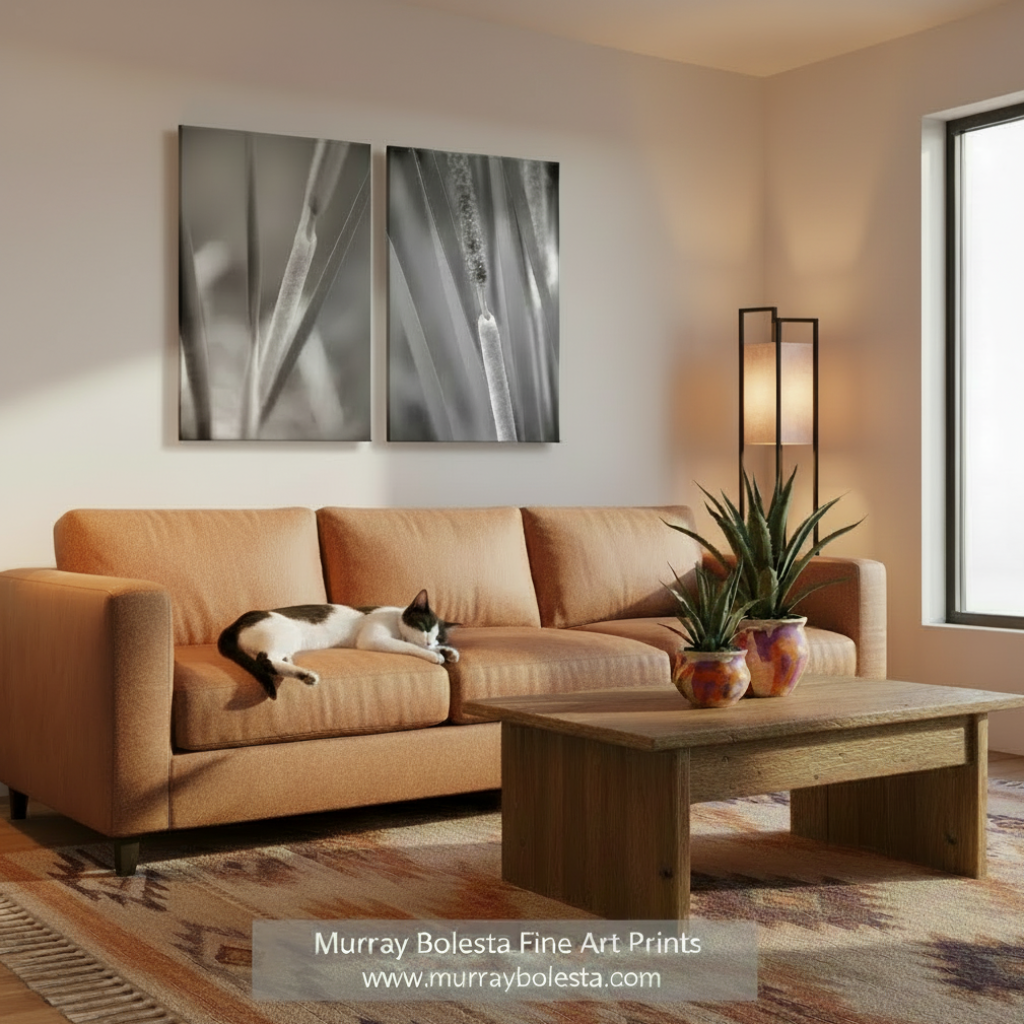 Two black and white botanical images of plant structures on a white background. Reeds & Cattails Set of 2 B&W Prints | Arizona Wetlands Nature Photos by Murray Bolesta