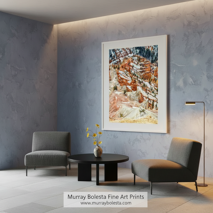 A striking landscape with a dramatic mountain range, featuring a mix of red, orange, and white rock formations, with patches of snow on the peaks. Cedar Breaks Utah Winter Landscape Art Print by Murray Bolesta