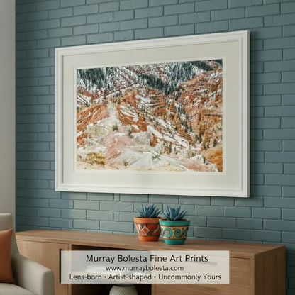 Scenic view of a canyon with red rock formations and snow. Utah Landscape Fine Art Print with Desert Mountains at Cedar Breaks in Winter by Murray Bolesta