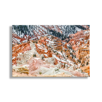 Scenic view of a canyon with red rock formations and snow. Utah Landscape Fine Art Print with Desert Mountains at Cedar Breaks in Winter