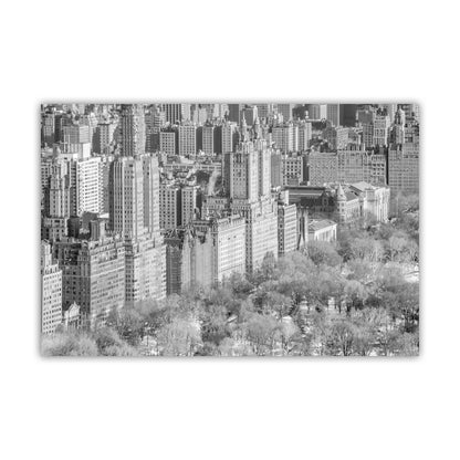 Black and white cityscape with tall buildings and trees in the foreground. Upper West Side NYC Winter Art – Black & White Cityscape | Central Park West
