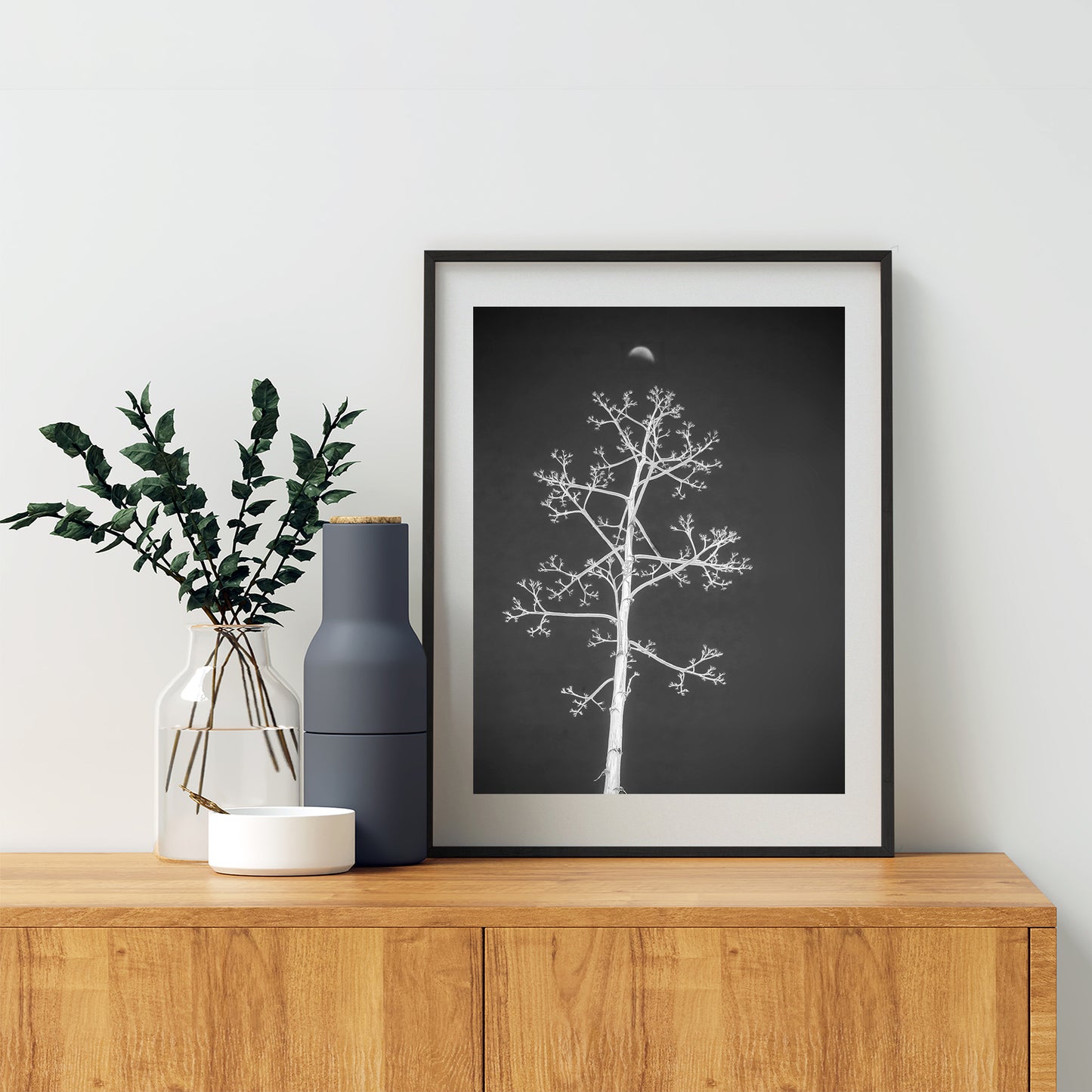 Agave Art Print in Surreal Black and White with Arizona Desert Moon
