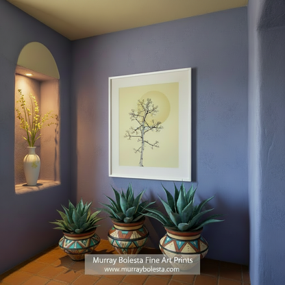 Simplified black tree design on a yellow background. Agave Wall Art as Southwest Botanical Print at Tucson Arizona by Murray Bolesta