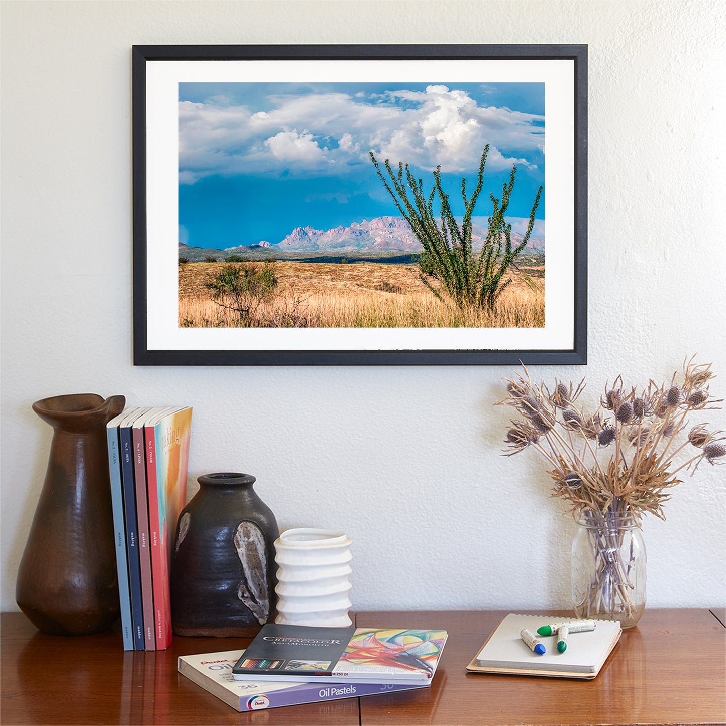 Arizona Mountain Landscape Art with Desert Ocotillo and Thunderstorm