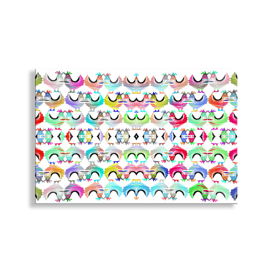 Colorful pattern of cartoon chickens on a white background. Cute Animal Art Print as Kids Nursery Wall Decor with Whimsical Chickens
