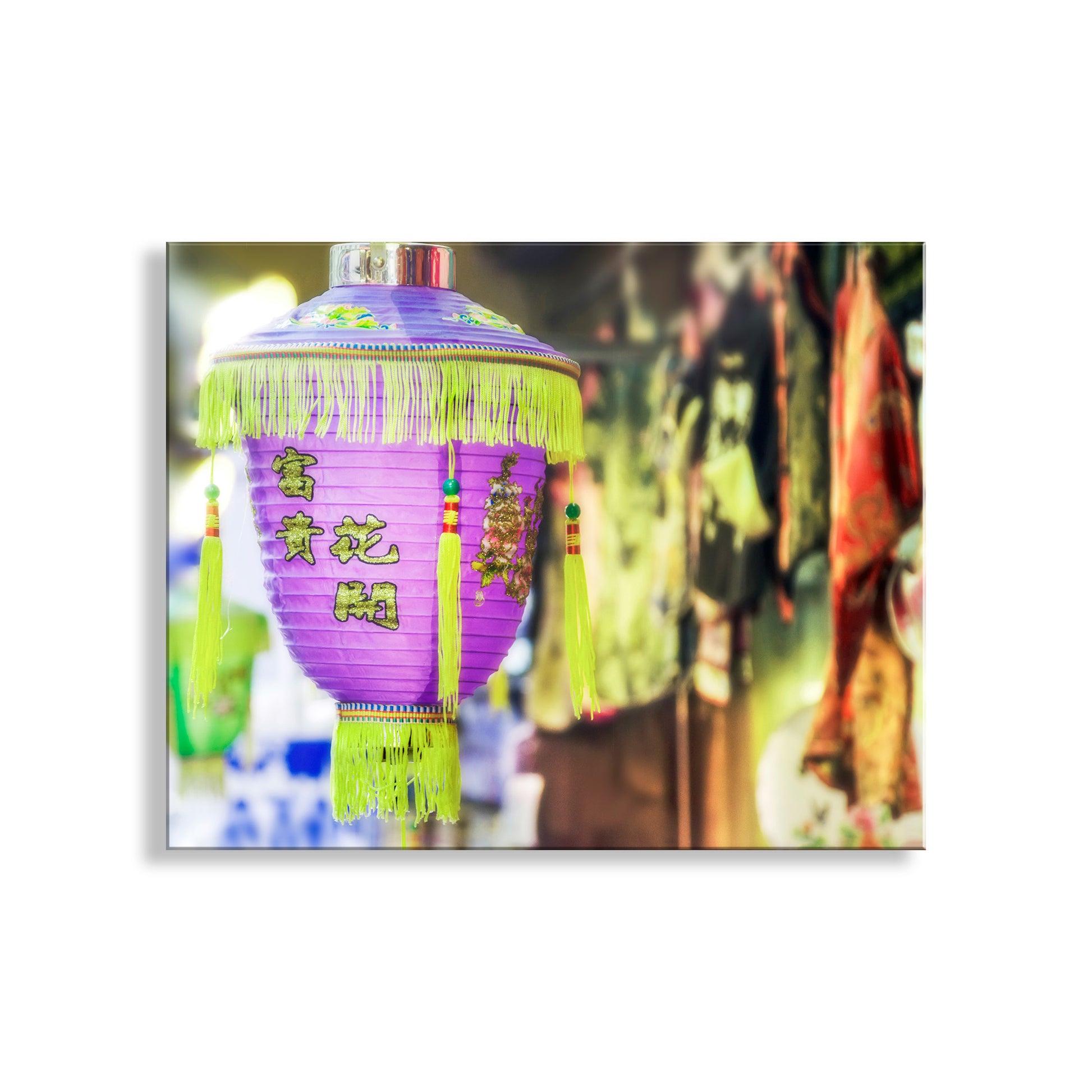 Colorful lantern with tassels against a blurred background. My sultry Chinese lantern picture to beautify your walls! The vibrant sights, sounds, and aromas of Chinatown streets, a vivid reminder of San Francisco's charming cultural heritage. Original, unique signed art by Murray Bolesta!
